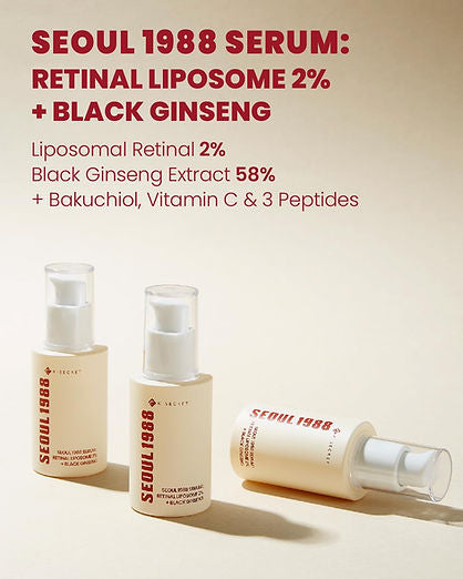 KSECRET SEOUL 1988 Sérum : liposome rétinal 2% ginseng noir, 30 ml/1,01 fl.oz | 58% d'extrait de ginseng noir | Sérum rétinal, bakuchiol, vitamine C