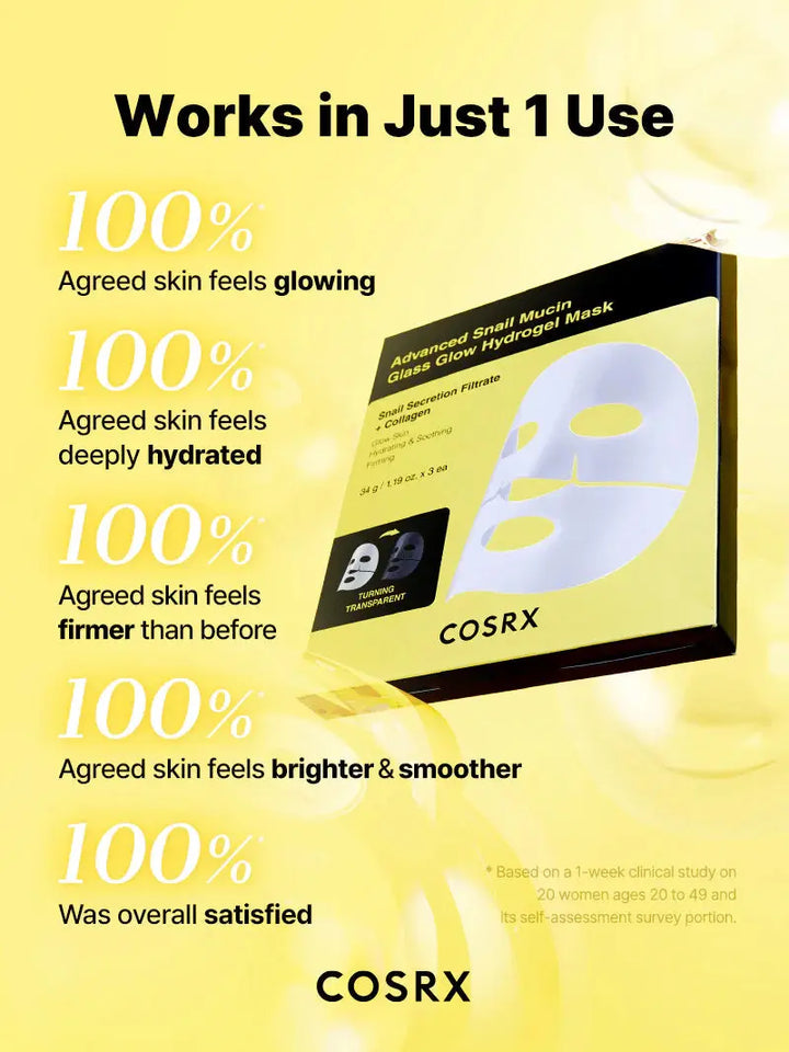 COSRX COSRX Advanced Snail Mucin Glass Glow Hydrogel Mask Overnight, Masque Collagène 3pcs